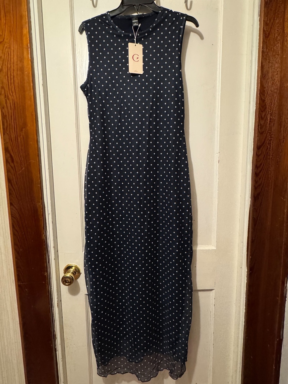 NWT COSMINA Navy Mesh Polka Dot Print Crew Neck Sleeveless Fitted Dress - Large